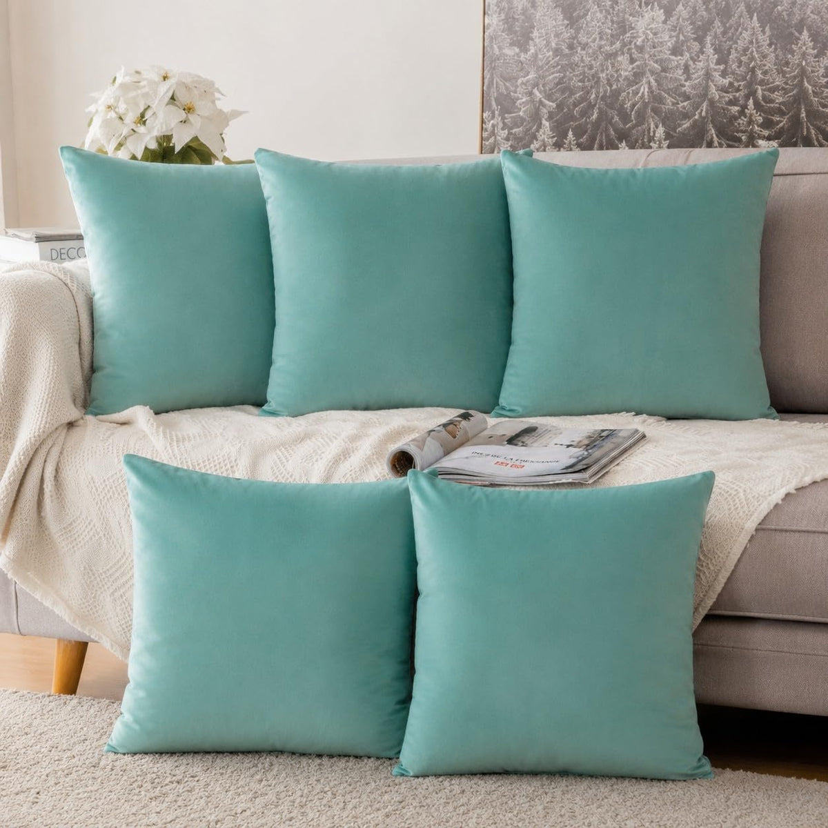 Khooti Velvet Cushion Cover, 18x18 | Teal Green | Pack of 5 | Solid Plain Soft & Smooth, Decorative Cushion Covers for Living Room, Bedroom, Couches, Chairs, Sofas, Beds & Home Decor