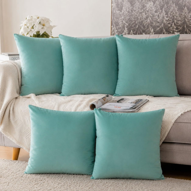 Khooti Velvet Cushion Cover, 14x14 | Teal Green | Pack of 5 | Solid Plain Soft & Smooth, Decorative Cushion Covers for Living Room, Bedroom, Couches, Chairs, Sofas, Beds & Home Decor