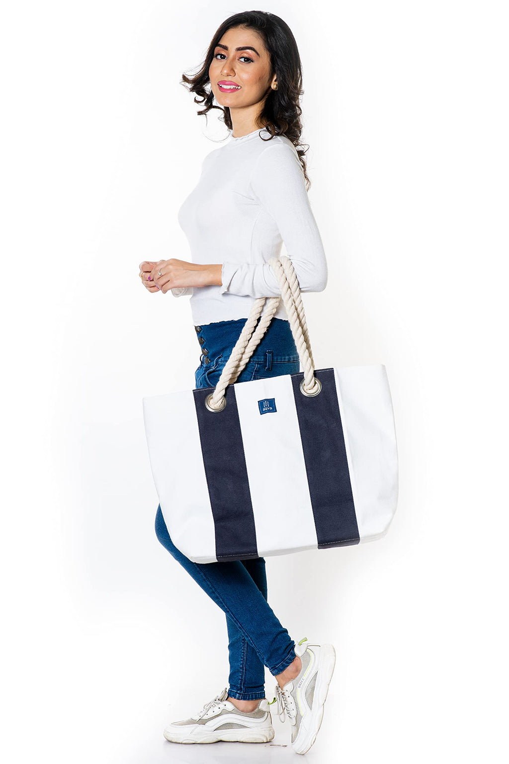 AQVA Women's Tote Bag With Zipper Pouch, Cotton Canvas Shoulder Bag With Rope Handles & Magnetic Button Closure, Utility Handbag For Travel, Work, Shopping, Office, College, Beach, Blue
