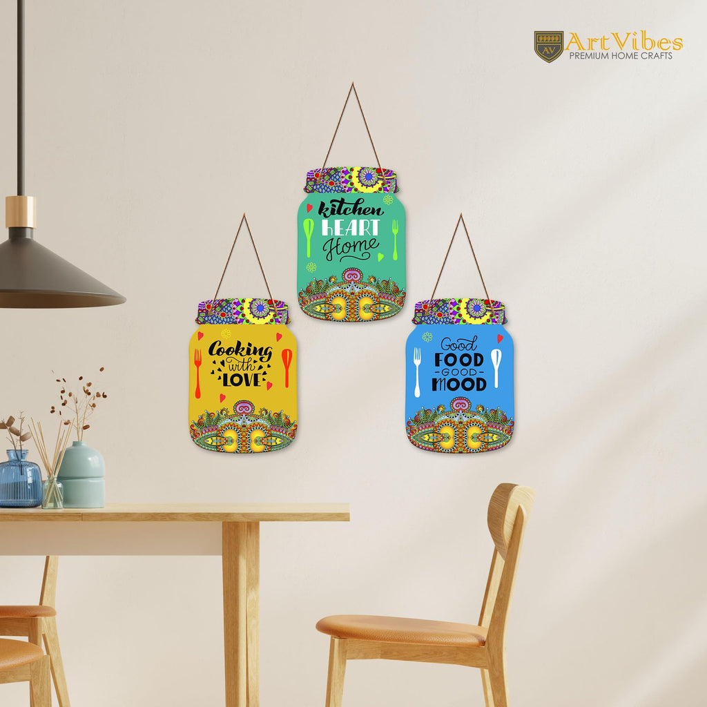 Artvibes Good Food Good Life Quotes Printed Wooden Wall Hanging for Kitchen | Cafe | Restaurant | Dining Room | Quotes Decor Item | Wall Poster | Food Quote Decoration | Gift Item (WH_8922N), Set of 3