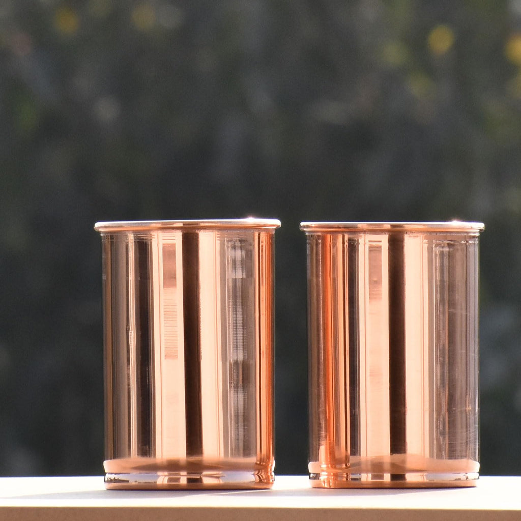 HEALTHANDWEALTH Pure Copper Tumbler Set of 2 Copper Glass Tumblers Leak Proof Seamless Plain Brown Glass Ayurvedic Use Travelling Purpose