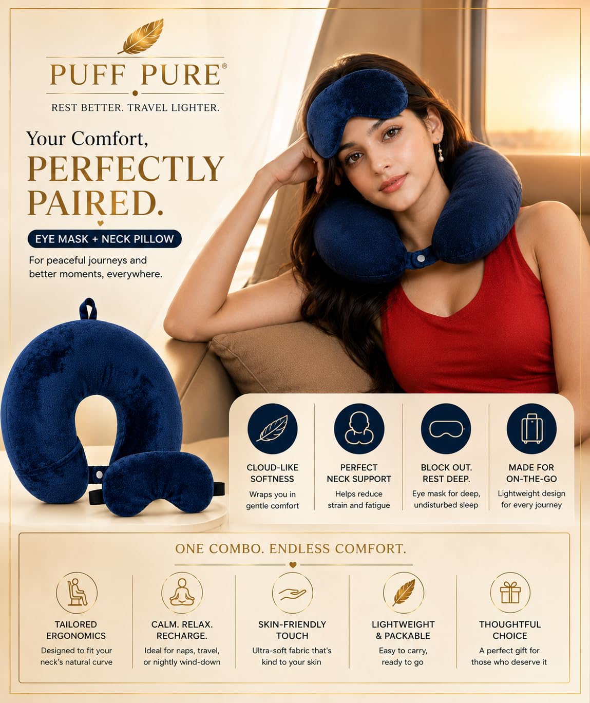 Vissco Tra-Well Ergonomic Memory Foam Neck Pillow with Gel Eye Mask Travel Neck Pillow for Sleeping Cervical & Orthopedic Support Contoured Design for Men & Women