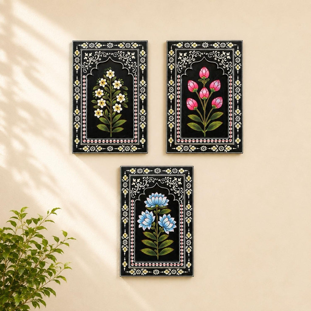 ATRANGI STUDIO Indigo Bloom Handpainted Wooden Wall Frames (Set of 3) | Jharokha Style Floral Wall Hanging | Rajasthani Traditional Art | Framed Wall Painting for Living room, Bedroom, Office | 12×8 Inch
