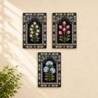 ATRANGI STUDIO Indigo Bloom Handpainted Wooden Wall Frames (Set of 3) | Jharokha Style Floral Wall Hanging | Rajasthani Traditional Art | Framed Wall Painting for Living room, Bedroom, Office | 12×8 Inch