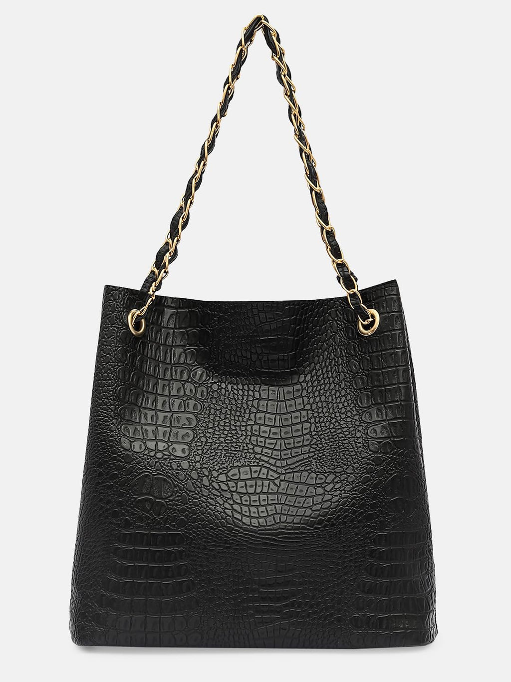 Bagsy Malone Bucket Shaped Tote Bag for Women -Set of 2 | Handcrafted Side Tote Bag and Handbag for Office and College (Croco Black)