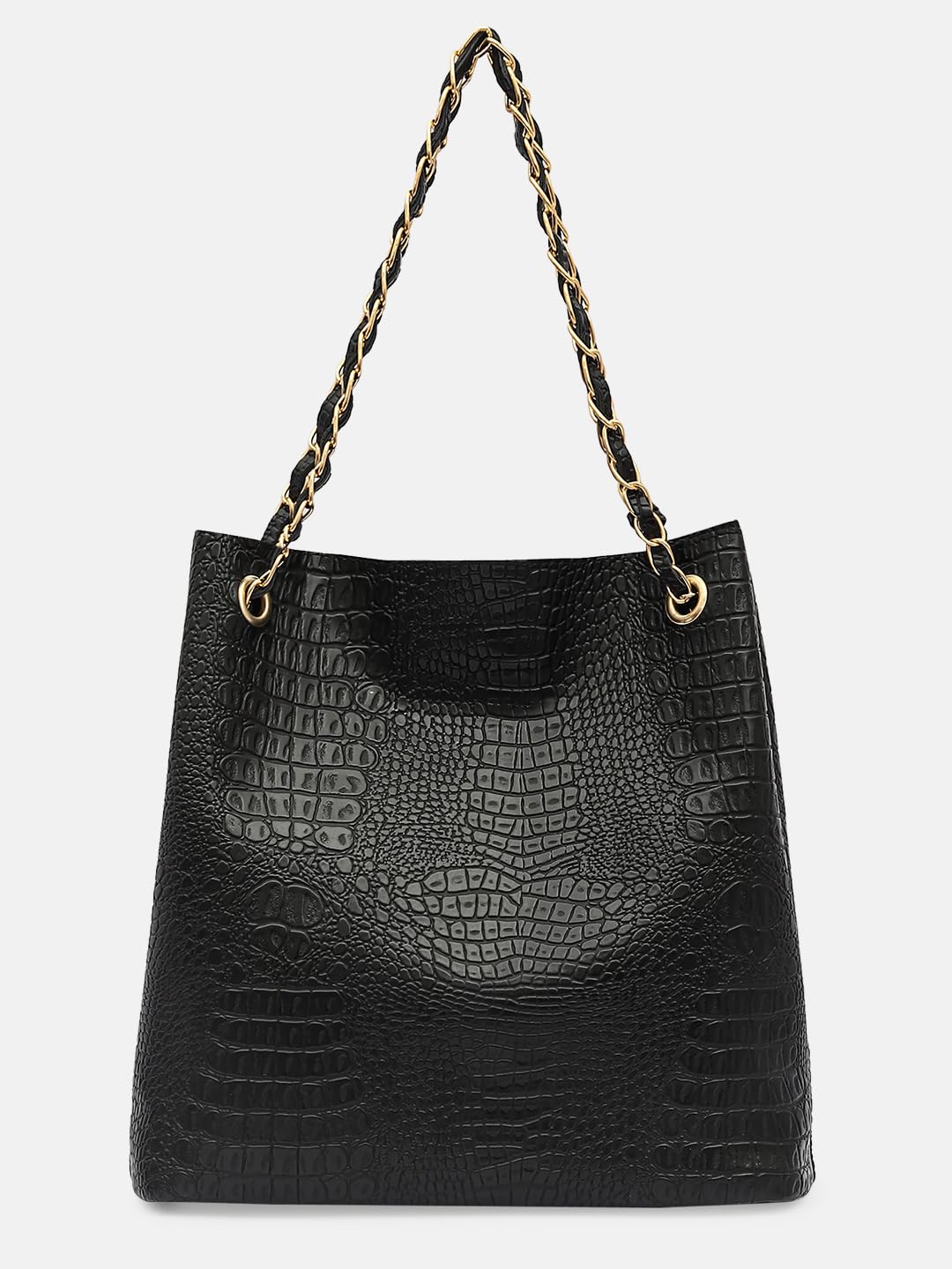Bagsy Malone Bucket Shaped Tote Bag for Women -Set of 2 | Handcrafted Side Tote Bag and Handbag for Office and College (Croco Black)
