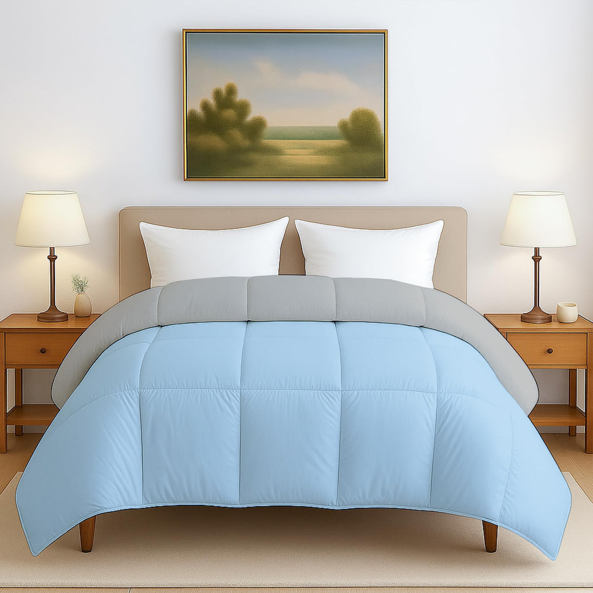 Heavy Winter Bed Comforter for Single Bed - 500 GSM Ultra Warm Quilt Blanket/Rajai - Light Blue and Light Grey - Down Alternative Microfiber Duvet Insert with Corner Ties - Winter Season Premium Kafalo