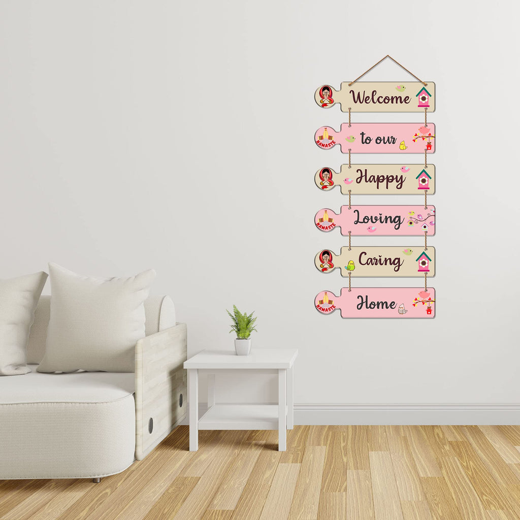 Artvibes Welcome To Our Happy Home Mdf Wood Decoration for Living Room | Quotes Decor Item | Door Quotes Hanging | Wall Poster | Wall Art Print | Gift Items for Home Decor | Wall Accent (WH_6001N)