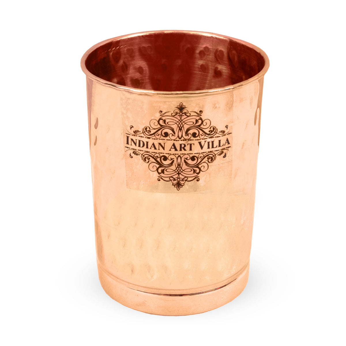 INDIAN ART VILLA Pure Copper Plain Glass with Hammered Design, Drinking Serving Water, Yoga Ayurveda, Volume-300 ml, Pack of 4