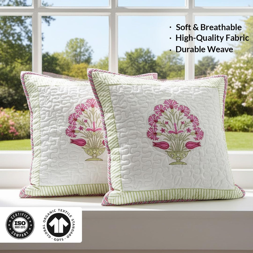 HOMEMONDE Set of 5 Cushion Covers 16x16 Inches – Soft Floral Hand Block Print, Premium Cotton 300 TC Pillow Cases for Living Room & Kids Room – Pink (40x40 cm)