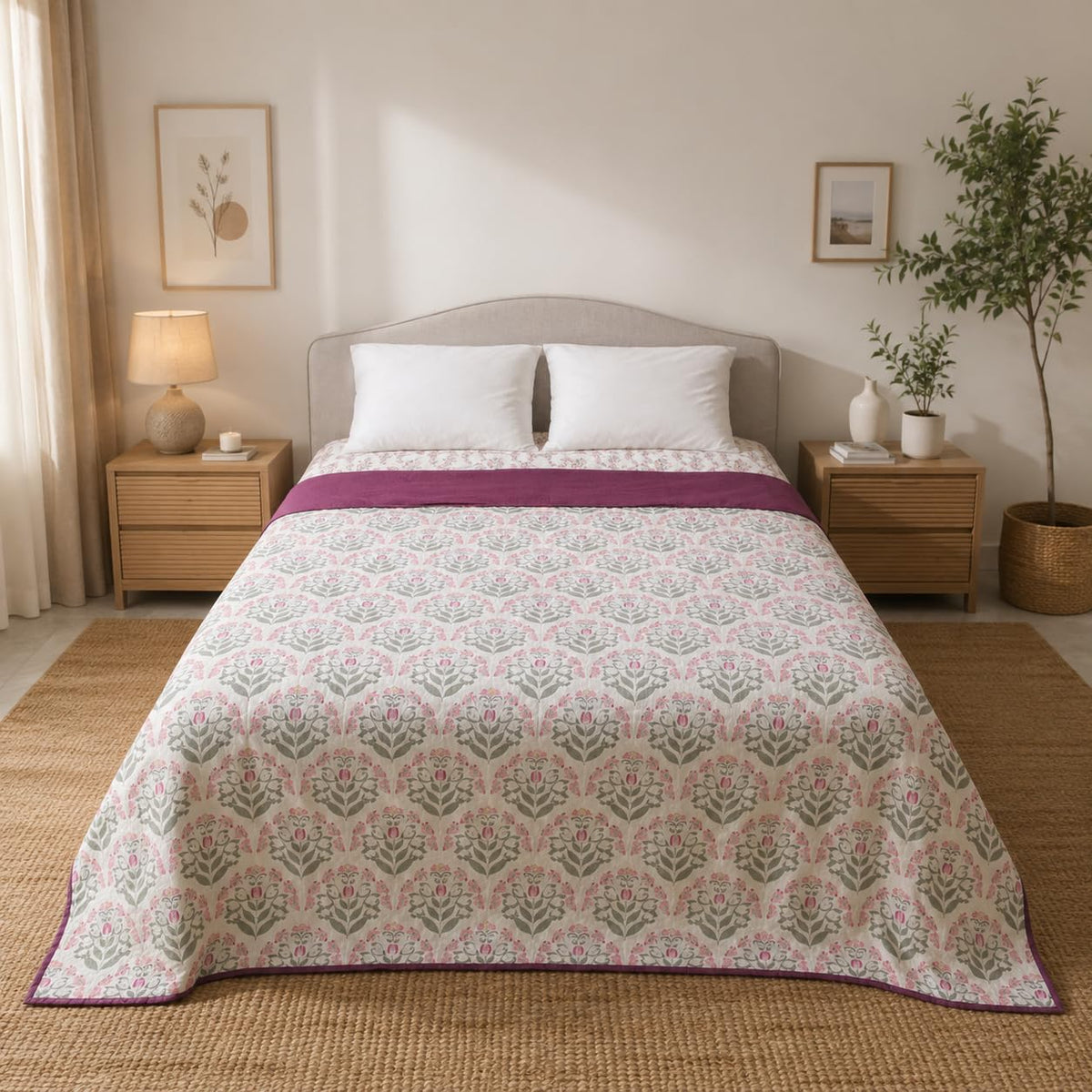 Linen Home Reversible Dohar Double Size Sequence Pink & Damson Berry Kafalo