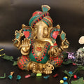 ARTVARKO™ Big Brass Turban Ganesha with Color Gemstone Handwork | Safa Pagdi Ganesh Statue Ganapathi Vigneshwara Ganpati Idol Height 14 Weight 14.5 Kg