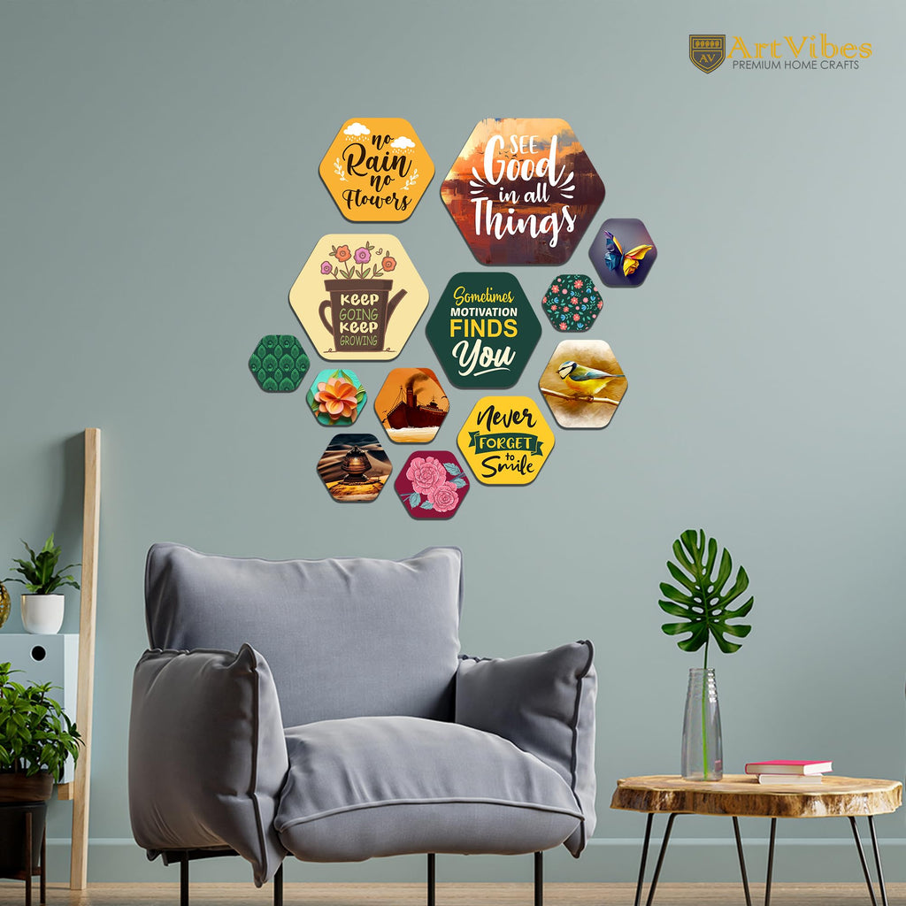 Artvibes See Good In All Things Hexagon Shape MDF Wooden Wall Decor Items | Quotes Decor Item | Wall Poster | Office Decor | Wall Art Print | Inspirational quotes | Gift Items (WPS_204NN), Set of 13