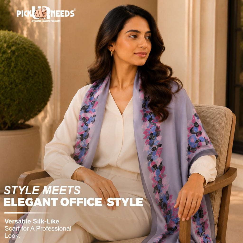 Pick Ur Needs Premium Satin Silk Feel Rectangle Scarf for Womens & Girls Floral Printed Long Fashion Stall Soft Lightweight Neck, Head & Shoulder Wrap