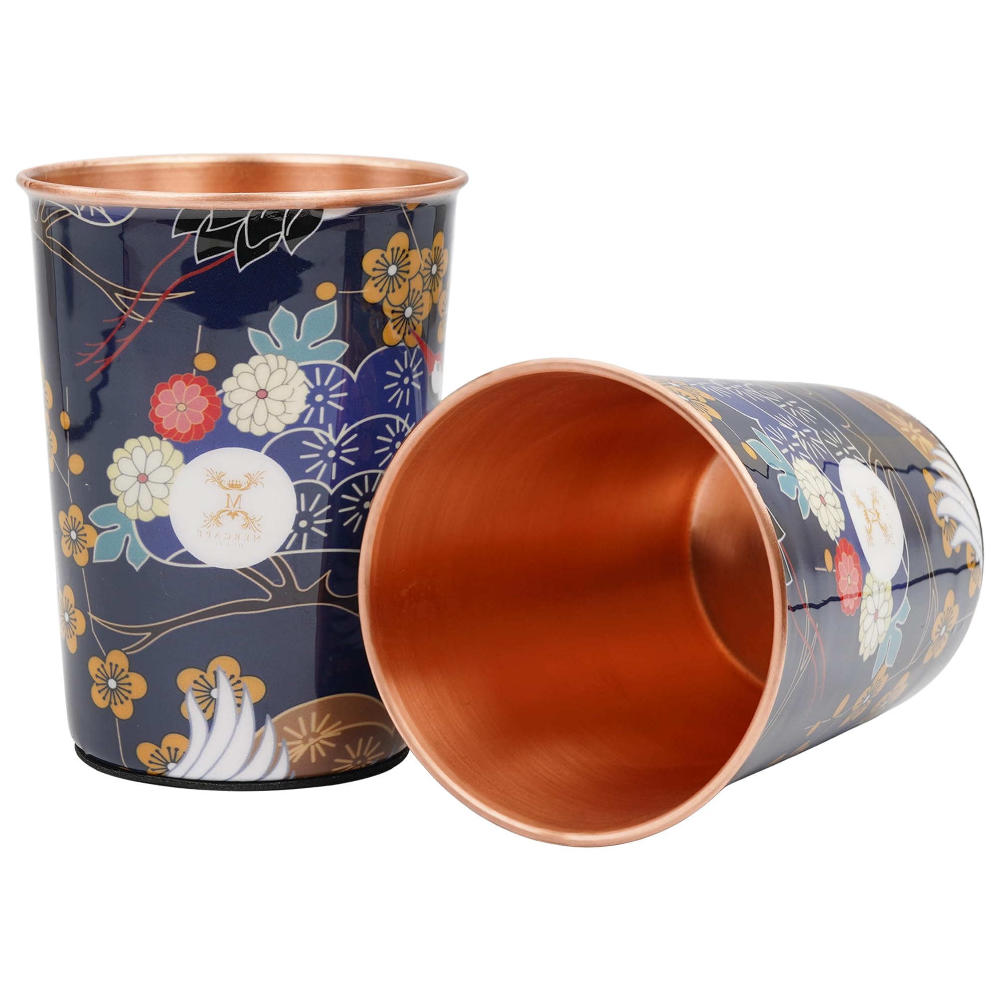 MERCAPE® 100% Pure Copper Glasses Set of 2 | Designer Meena Print | 300ml Each | Ayurvedic Benefits | Handmade Copper Tumblers for Daily Use & Gifting (Multiple Designs) (Pastel Floral Design)