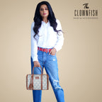THE CLOWNFISH Lorna Printed Handicraft Fabric Handbag for Women Office Bag Ladies Shoulder Bag Tote for Women College Girls (White with Grey Stripes)
