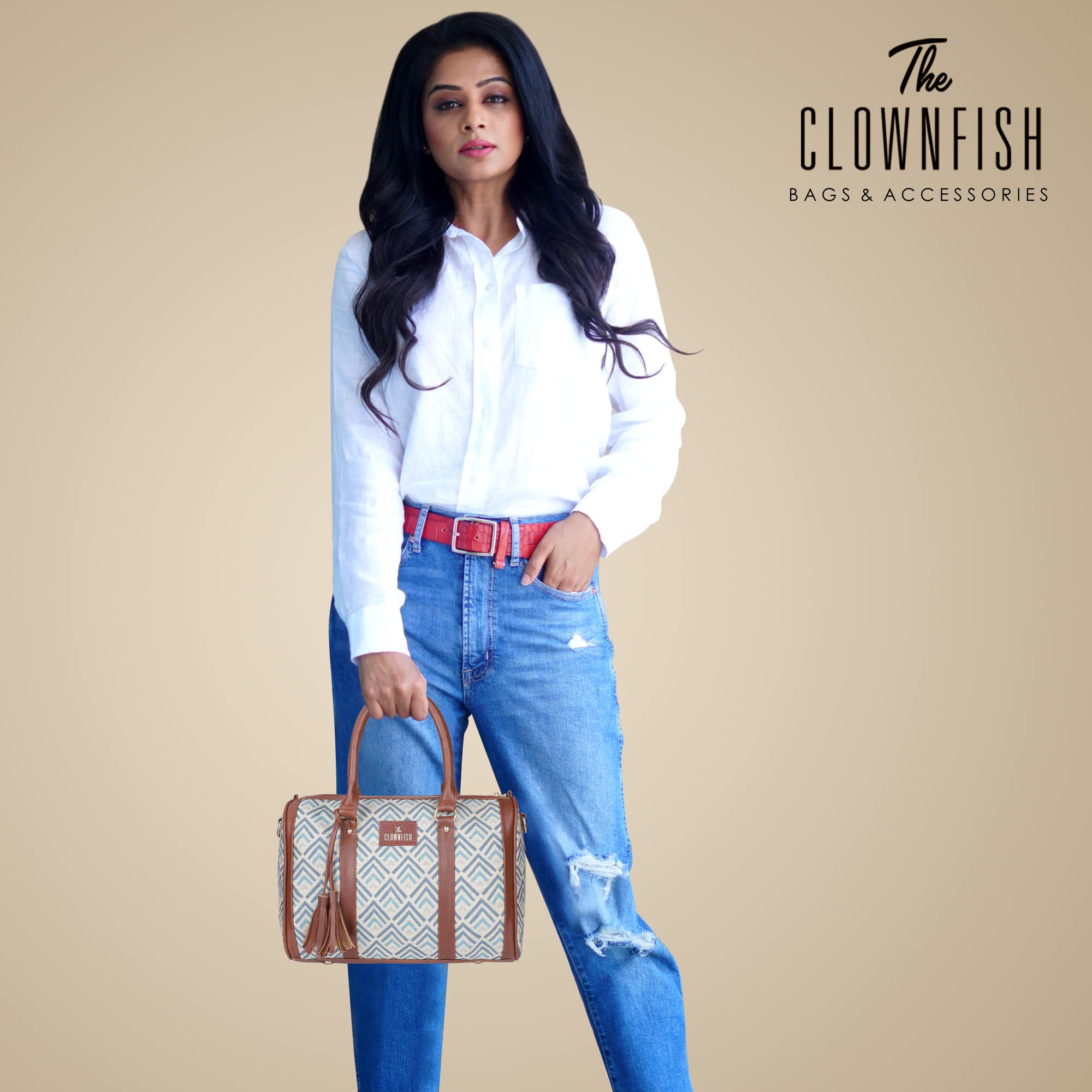 THE CLOWNFISH Lorna Printed Handicraft Fabric Handbag for Women Office Bag Ladies Shoulder Bag Tote for Women College Girls (White with Grey Stripes)