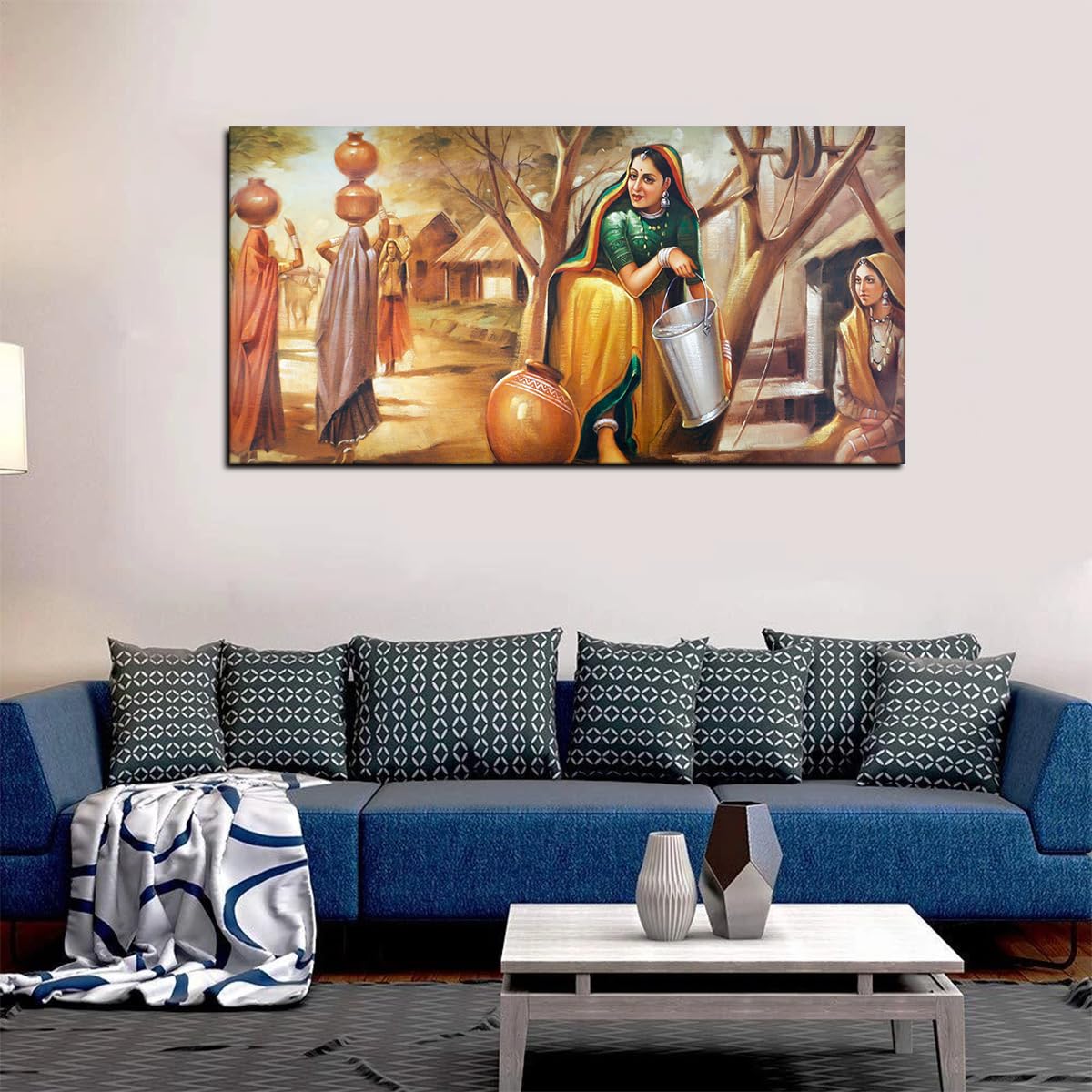 VIBECRAFTS Canvas Paintings for Living Room Drawing Room Canvas Rajasthani Art Woman Taking water from Well for Home|Office|Gift(PTVCH_2400NV)(48 x 24 Inches)