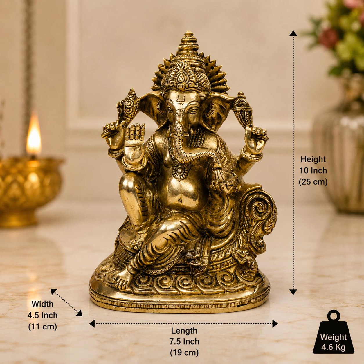 SVARUP Brass Ganesha Idol for Home Decoration Ganpati Statue Murti for Gift Height 10 Inch Color Gold