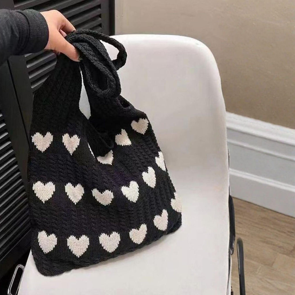 ZOYZO Premium Knitted Heart Pattern Tote Bag For Women Large Capacity Crochet Shoulder Handbag Stylish Durable Lightweight Bag For Shopping Beach Travel Work Everyday Use(Black,Pack of 1)