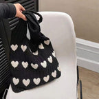 ZOYZO Premium Knitted Heart Pattern Tote Bag For Women Large Capacity Crochet Shoulder Handbag Stylish Durable Lightweight Bag For Shopping Beach Travel Work Everyday Use(Black,Pack of 1)