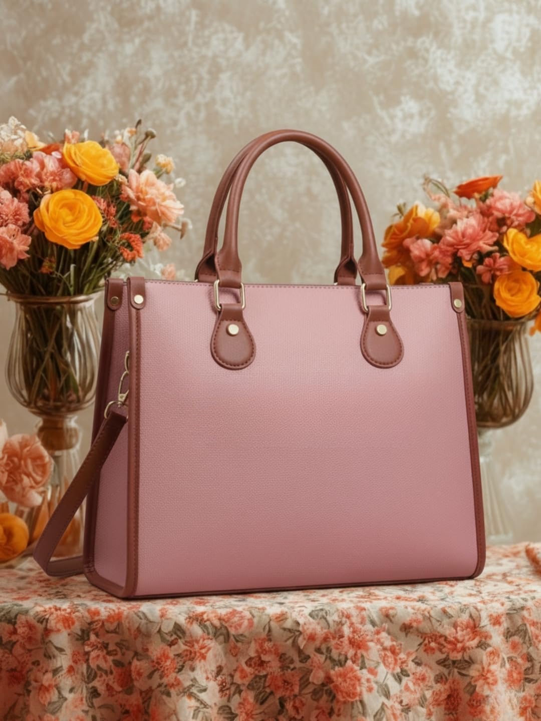 LIKE STYLE Women’s PU Tote Bag with Mandala Design | Laptop Compartment Shoulder & Crossbody Handbag | Office Work & Daily Use Large Tote (Pink)