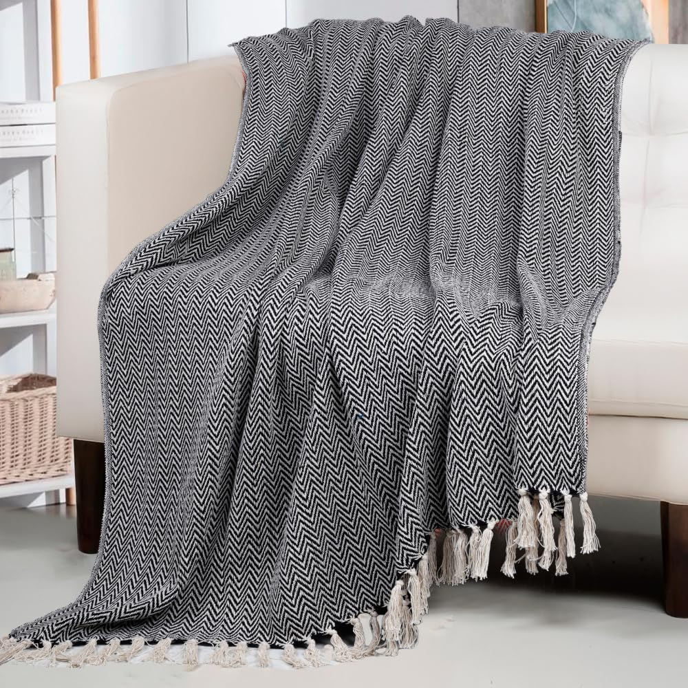 HOMADORN All Season Cotton Weaved Throw Blanket for Bed/Sofa 50x70 INCHES (Black) Kafalo