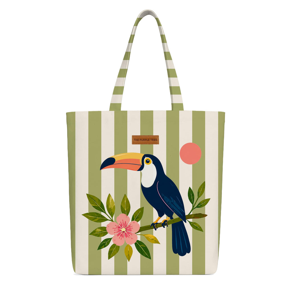 The Purple Tree Tropical Toucan Tote Bag for Women | Summer Beach Canvas Beach Tote | Travel Carryall, Shopping Bag, Vacation Tote | 40 x 43 cm