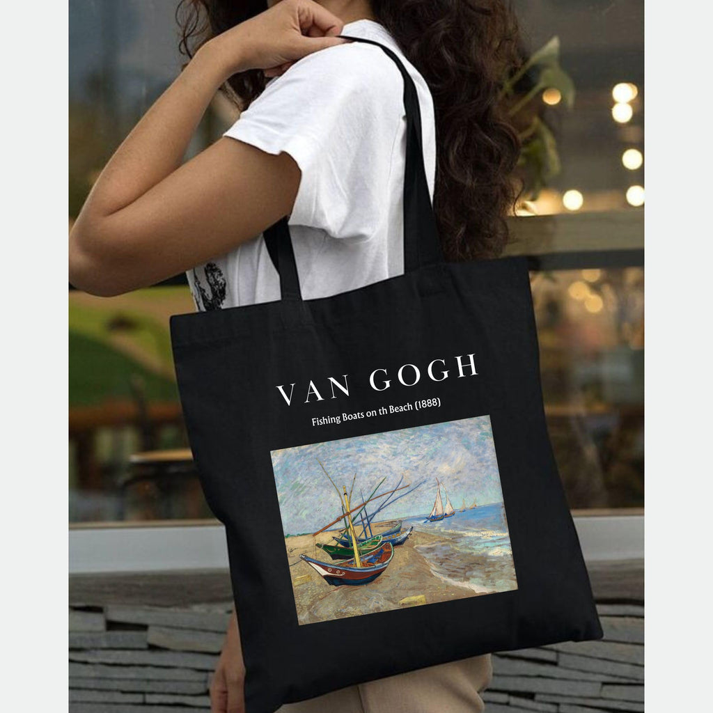 Peach Blossom Van Gogh Printed Tote Bag for Women with Zip, Stylish Cotton Handbags, Canvas Tote Bags for College (Black_VanGoghBeachBoat)