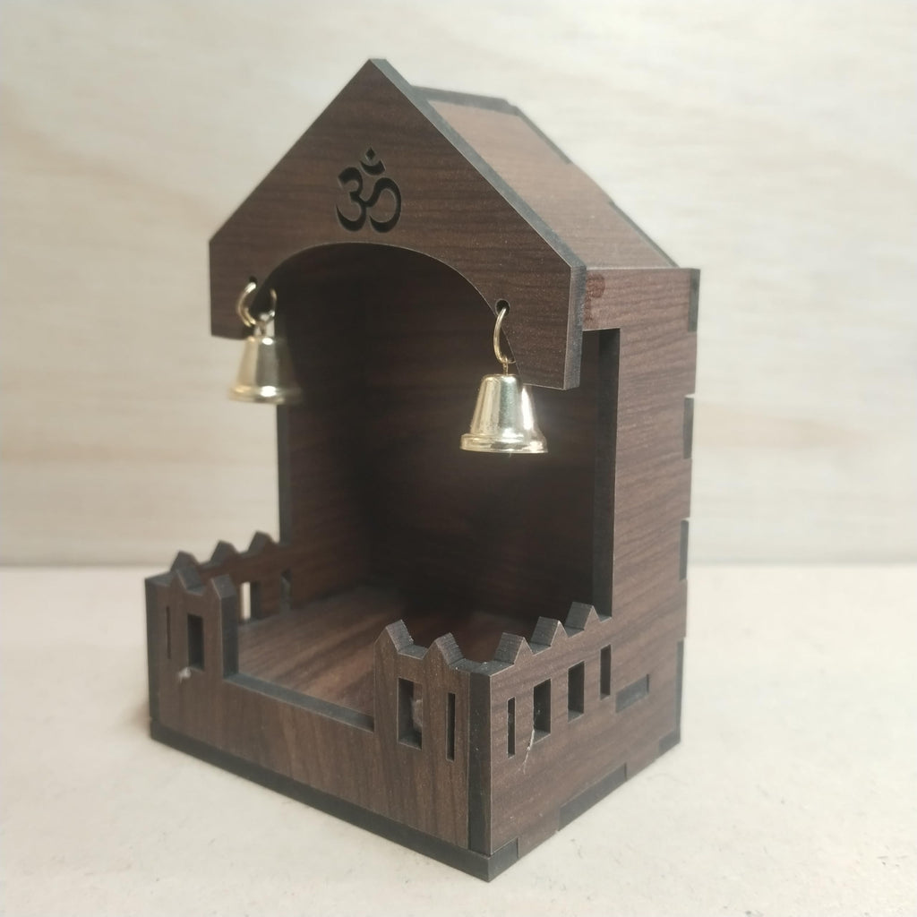 Mini Pooja Mandir Temple, Acrylic, Traditional Indian Style, with Om and Lotus Mandala, for Car, Office Desk and Home (1, Wooden)