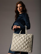 ENSAC Cotton Tote Bag for Women, Stylish Handbag for women with Zip Closure | Fit for Office Bag, College, Travel Use | Handcrafted in India (Sliver)