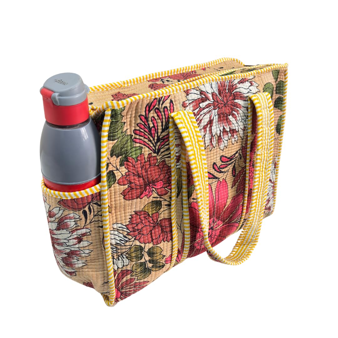 The House of RajPadmini Floral Quilted Cotton Shopping Tote Bag, 16x16 inches, Striped Trim, External Bottle Pocket (Floral Beige)