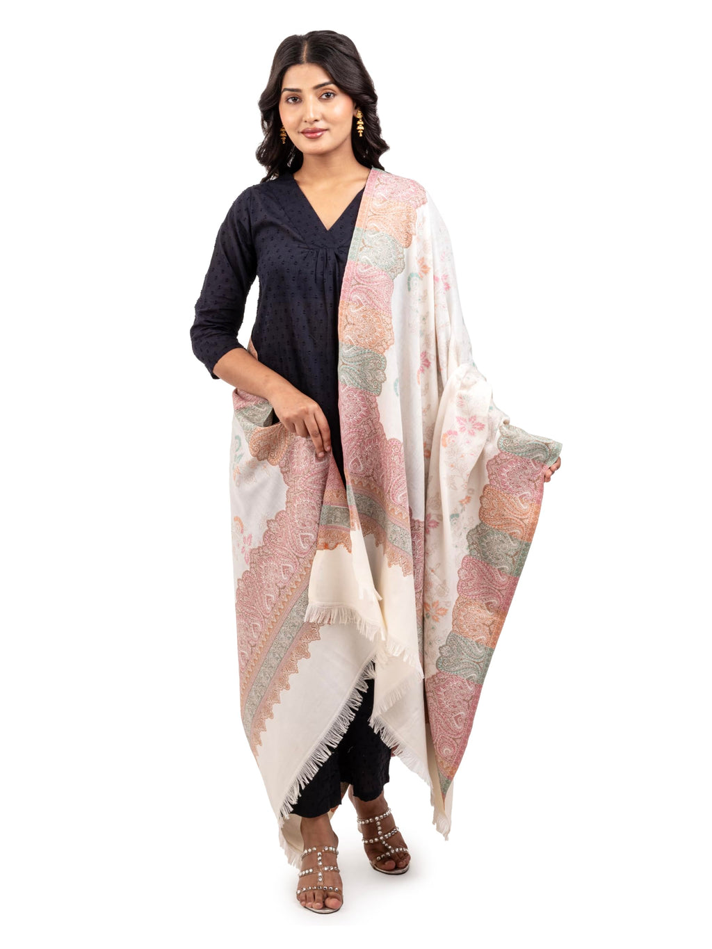 Naureen Women Faux Pashmina Kani Shawl, Floral Artwork, Warm and Soft, 40x80 inch