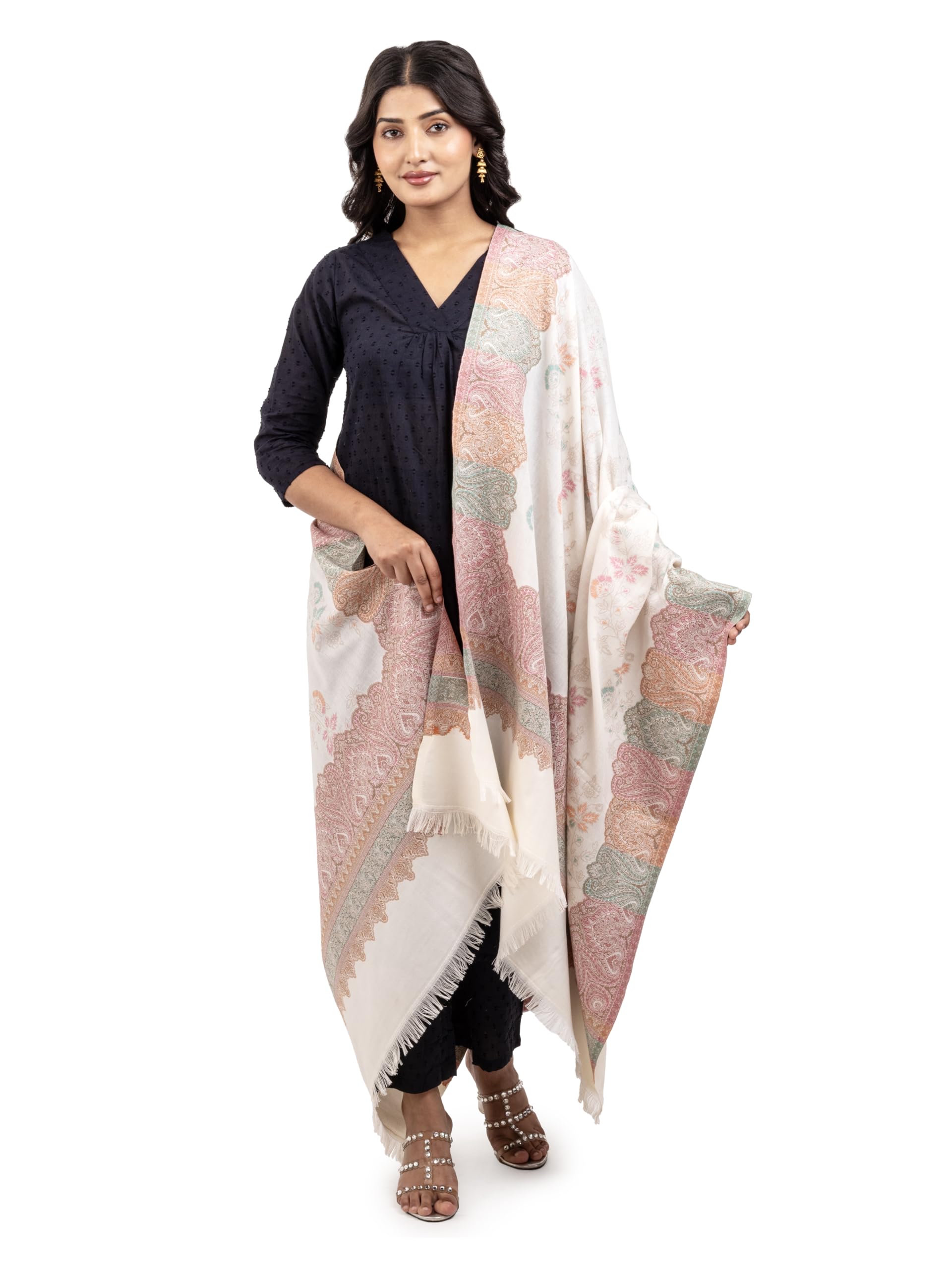 Naureen Women Faux Pashmina Kani Shawl, Floral Artwork, Warm and Soft, 40x80 inch