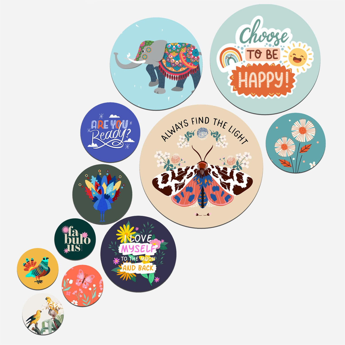 Artvibes Choose To Be Happy Decorative Round Shape MDF Wooden Wall Hanging | Quotes Decor Item | Wall Accent | Office Decoration Item | Inspirational Quotes Wall Art | Gift Items (WPS_139N), Set of 11