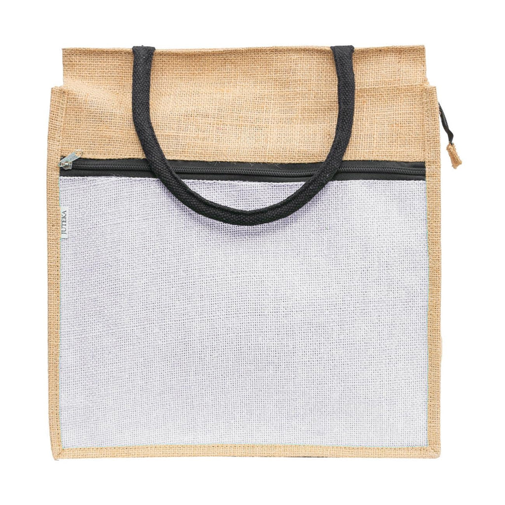 JUTEKA Front Zip Pocket white color Jute Bag for Lunch, Office, Grocery, Picnic, Tiffin, Shopping Hand Bag with padded cotton handles
