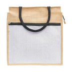 JUTEKA Front Zip Pocket white color Jute Bag for Lunch, Office, Grocery, Picnic, Tiffin, Shopping Hand Bag with padded cotton handles