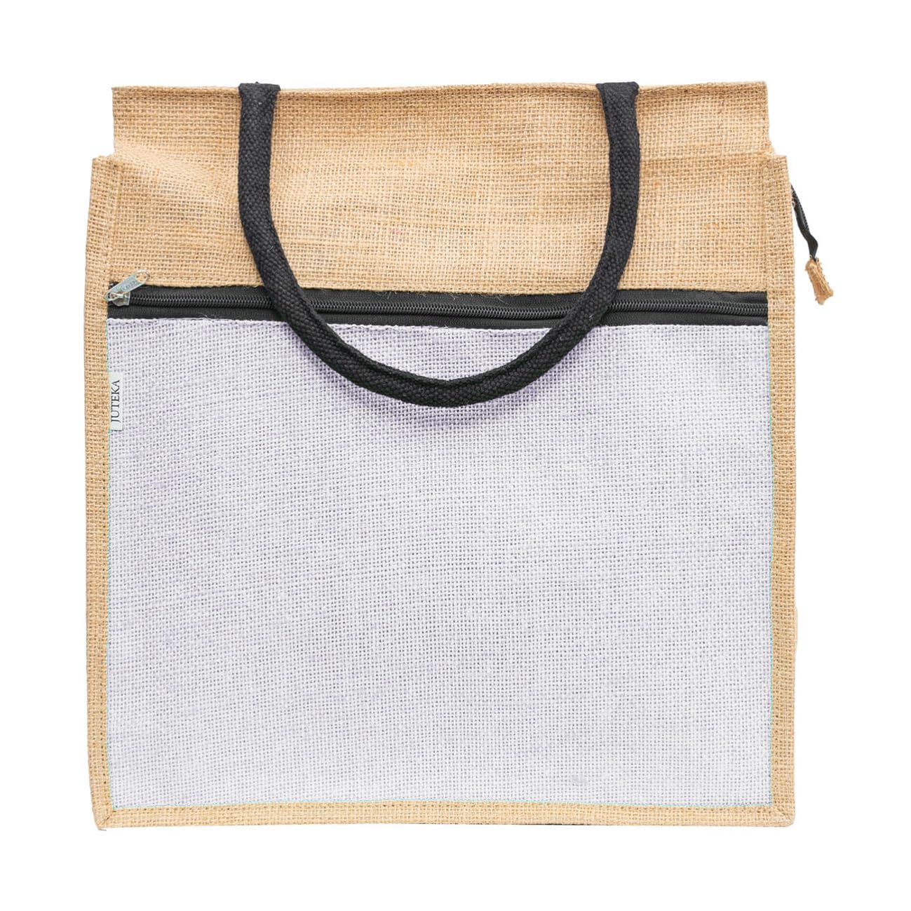 JUTEKA Front Zip Pocket white color Jute Bag for Lunch, Office, Grocery, Picnic, Tiffin, Shopping Hand Bag with padded cotton handles