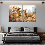 VIBECRAFTS 2 Pieces Beautiful Deer In The Forest Canvas Wall Painting Fitted With Wooden Frame For Home | Office | Living Room | Gifts(PTVC2Pcs1_17506)