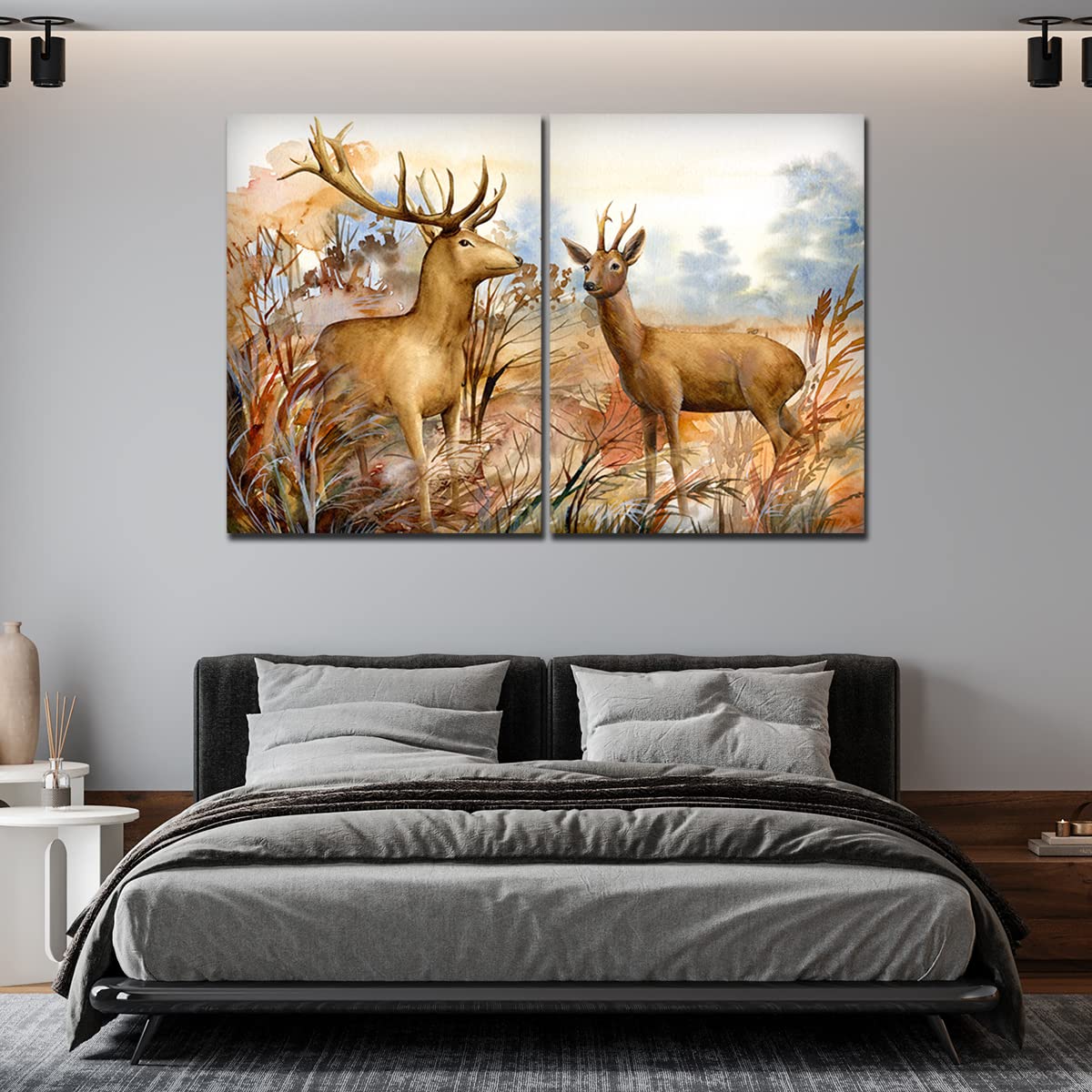 VIBECRAFTS 2 Pieces Beautiful Deer In The Forest Canvas Wall Painting Fitted With Wooden Frame For Home | Office | Living Room | Gifts(PTVC2Pcs1_17506)