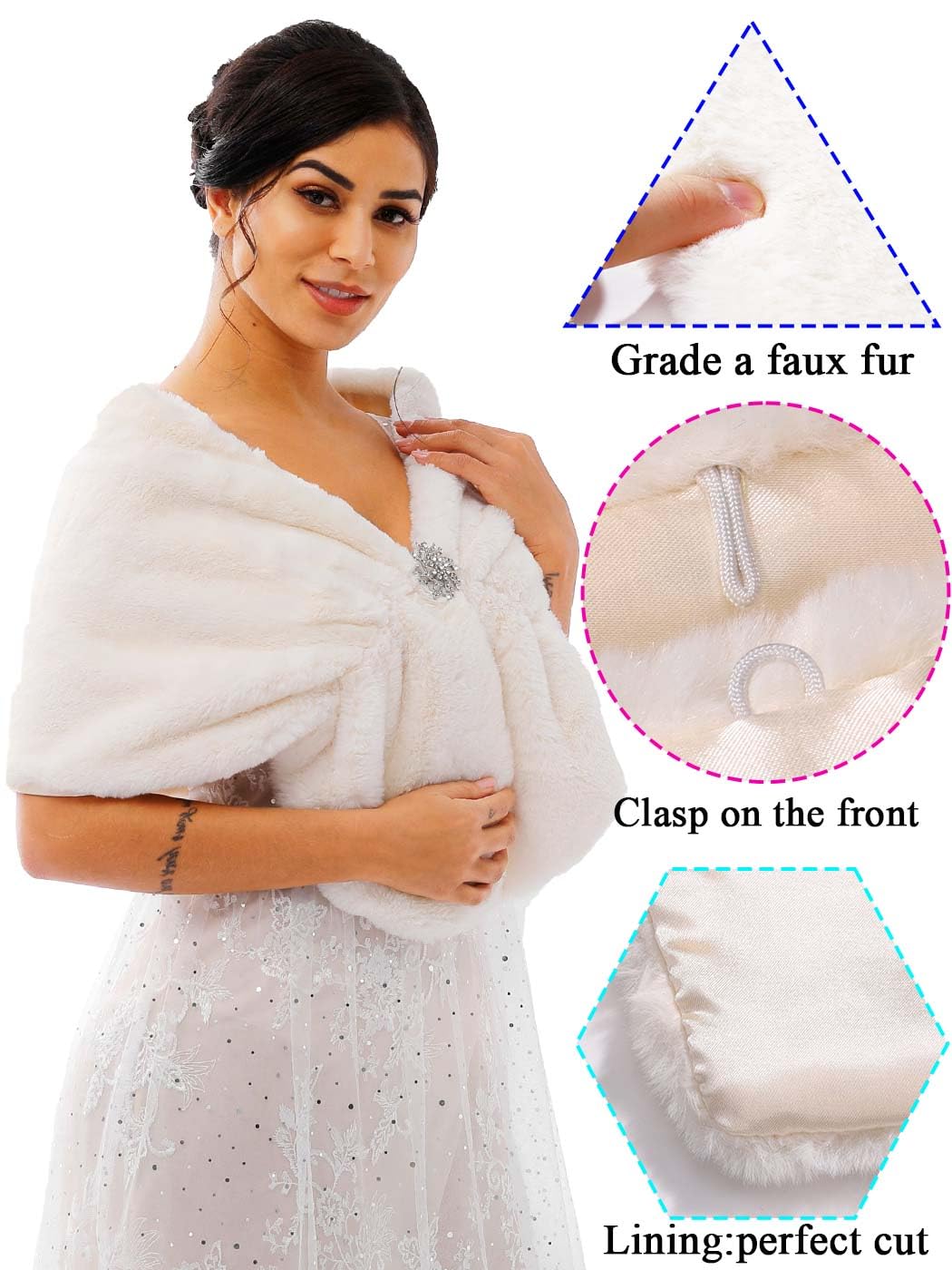 Zehory Wedding Faux Fur Shawl Wrap Winter Stole Shrug Bridal Evening Cape Scarf Cover Up for Bride and Bridesmaids (Ivory)…