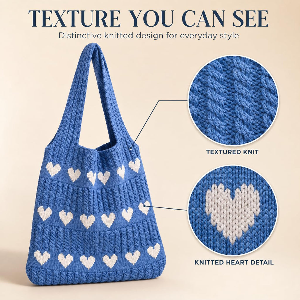Kawn® Premium Knitted Heart Pattern Tote Bag Large Stylish and Durable Trendy bag for Everyday Use Beach Shopping Travel Work – Comfortable and Trendy Design (Blue)
