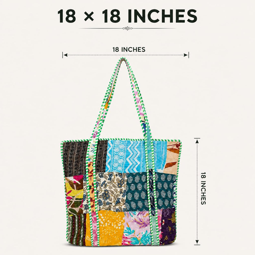 ArbaanHouse Patchwork Cotton Tote Bag for Women, Quilted Fabric Shopping Bag, 18 x 18 Inch, Reusable Large Carry Bag