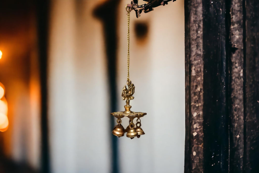 KridayKraft Aluminium Handmade Ethnic Small Peacock Design 5 Oil Wick Hanging Diya, Diyas for Decoration, Medium , Pack of 1, Hanging Decorative Items