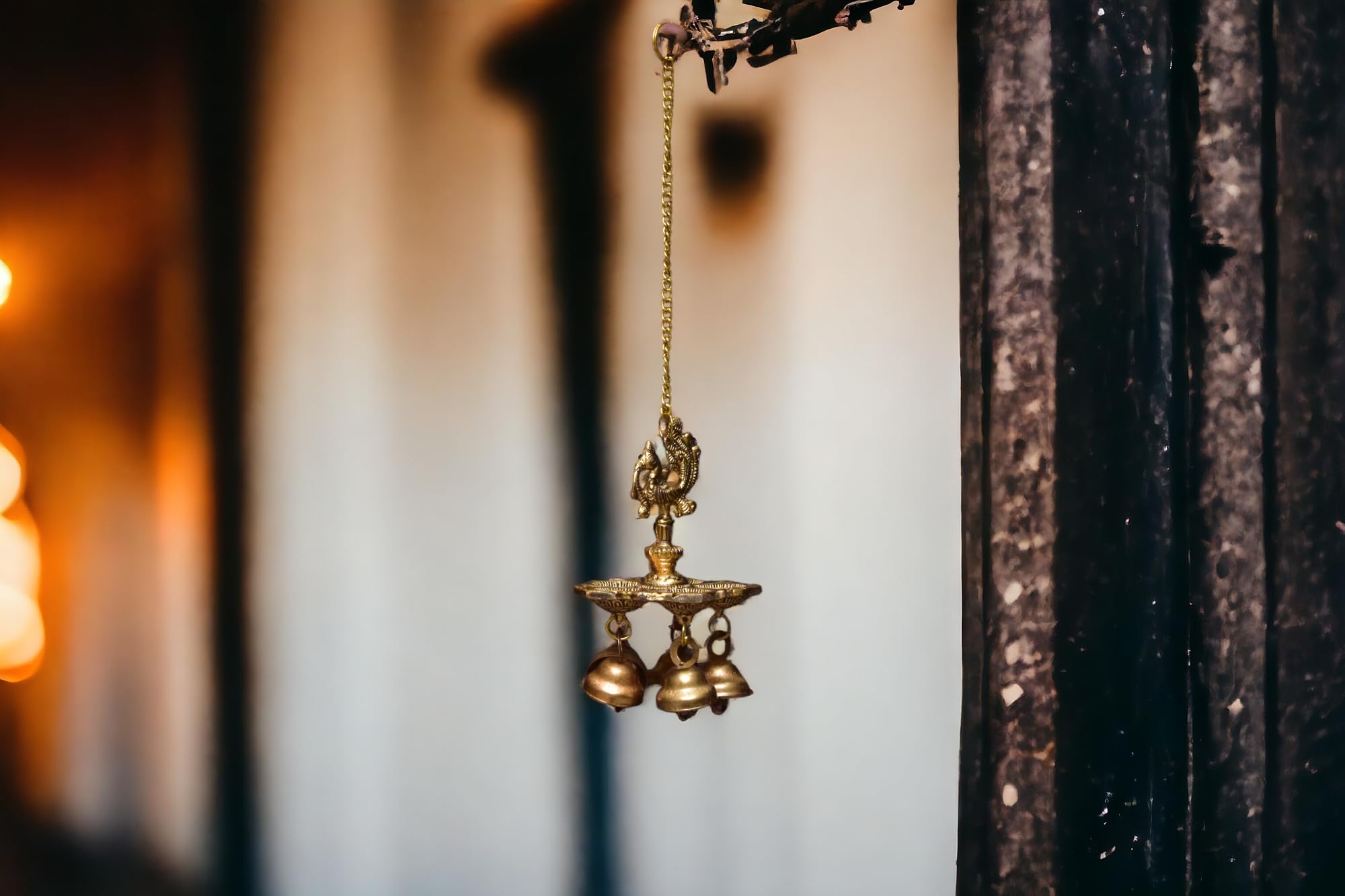 KridayKraft Aluminium Handmade Ethnic Small Peacock Design 5 Oil Wick Hanging Diya, Diyas for Decoration, Medium , Pack of 1, Hanging Decorative Items