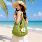 Kawn Crochet Mesh Beach Tote Bag for Women with Flower Brooch | Cotton Linen Knitted Shoulder Bag | Lightweight Boho Summer Handbag for Travel, Shopping & Vacation - (Green)