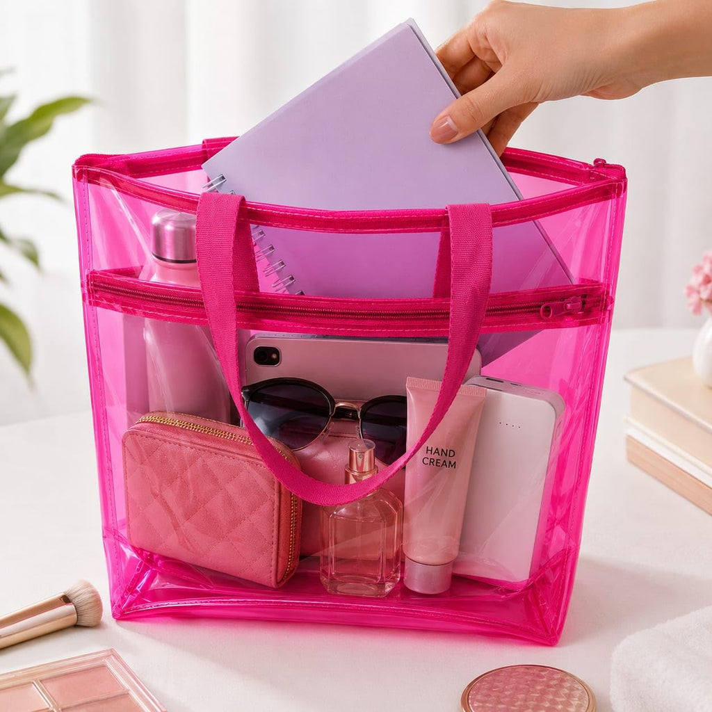 Clear PVC Tote Bag for Women|Transparent Waterproof Beach Bag with Zipper Closure|Large Reusable Shopping Tote Handbag |Stadium Approved Shoulder Bag|Lightweight Multipurpose (1pcs)