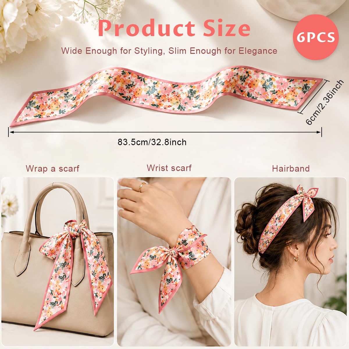 SANNIDHI 6pcs Satin Silk Feel Scarf for Hair, Floral Print Neck Wrist Scarf