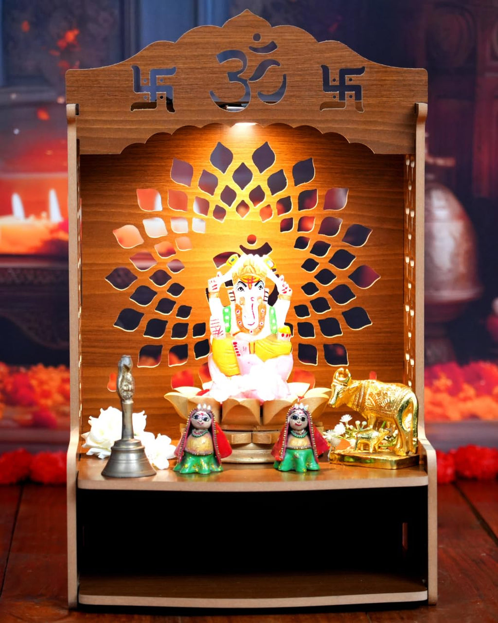 PIXELCRAFTS Folding Wooden wall Mounted Temple/mandir for Home and Office(Size – H 15.5X L 11.5 x W 10.5 inch) (Brown 3)