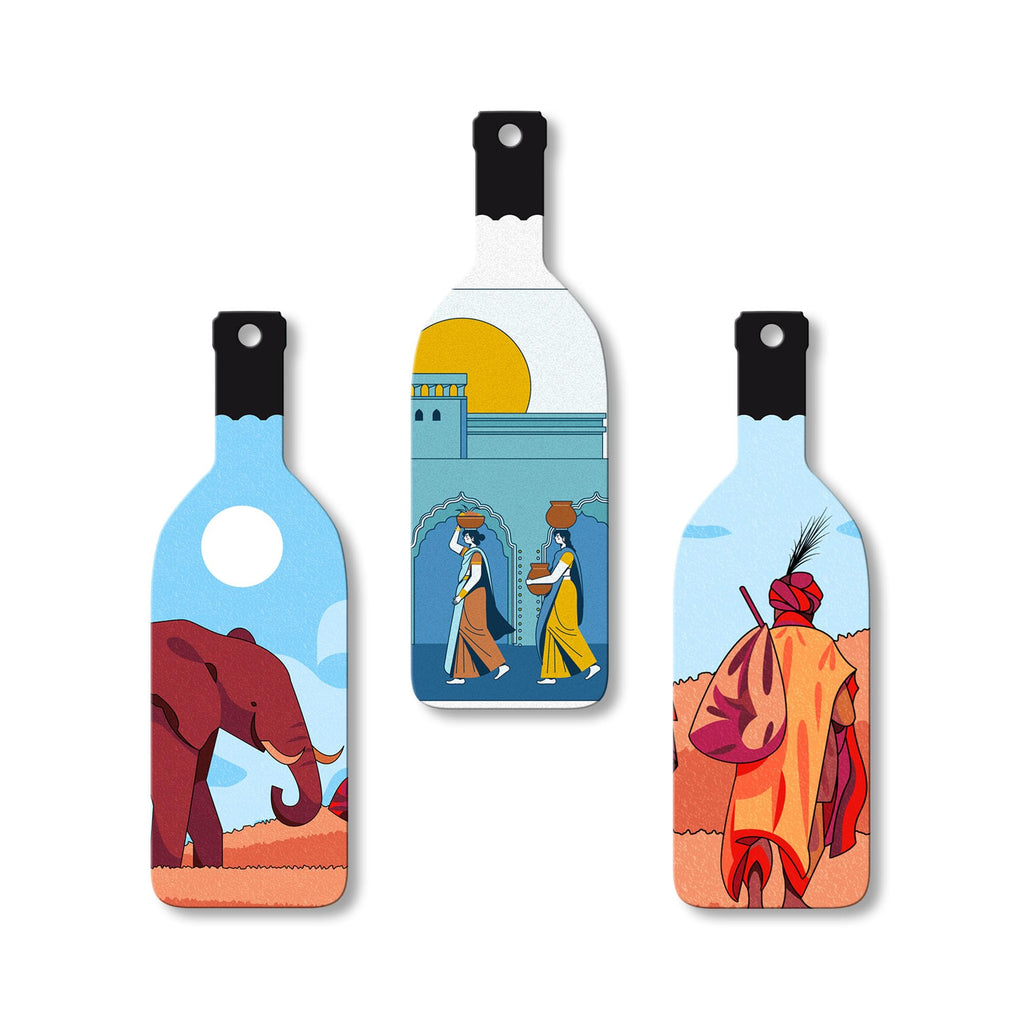 Artvibes Modern Abstract Art Decor Bottle shaped Wooden Wall Hanging | Living Room | Wall Art Paintings | Wall Illustrations | Graphic Art | Door Hanging Art Items | Gift Items (WH_9517N), Set of 3